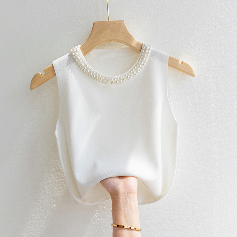 Camisole Women's White Sleeveless Base Shirt Spring and Autumn Inner Suit with Beads Small Chanel Style Knit Top