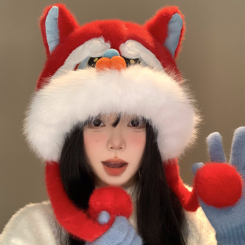 国潮醒狮红色帽子可爱学生儿童过年新年虎头帽女冬天加厚保暖毛绒|undefined