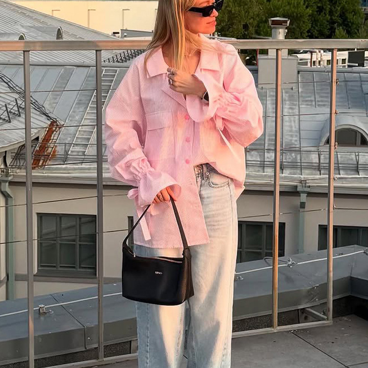 Fashion Versatile Striped French Commuter Shirt for Women, New Spring and Autumn Printed Turn-Down Collar, Bell Sleeves, Loose Pocket Shirt