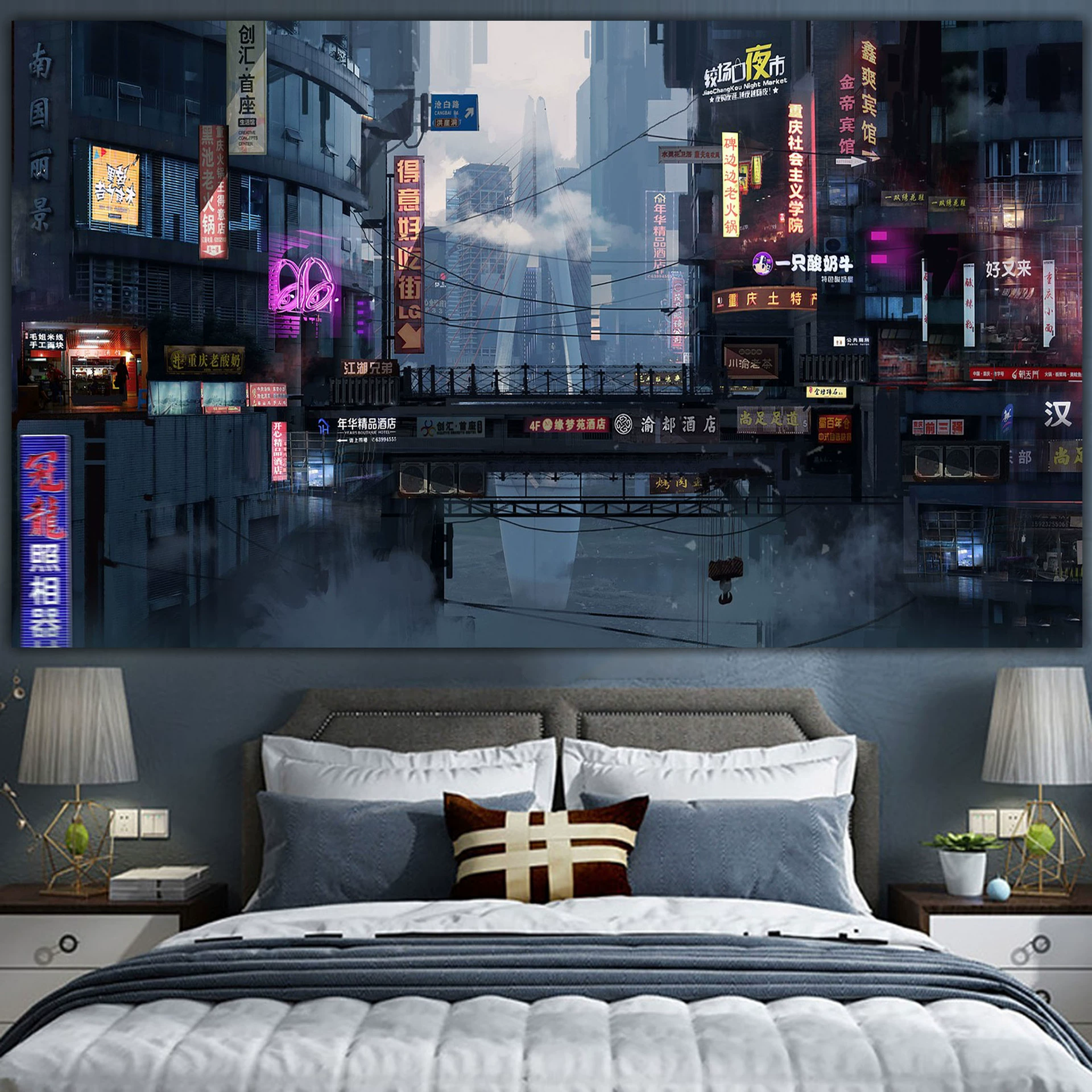 Постер cyberpunk неоновый город, размеры 38×65 см, 85×155 см, 110×200 см