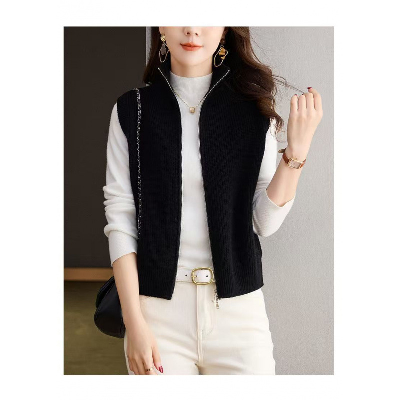 Collar vertical chaleco de punto de mujer otoño invierno 2025 nuevo chaleco de doble cremallera con la solapa suéter cardigan chaqueta de moda