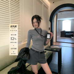 宋正恩灰色半高领内搭针织衫女早秋穿搭修身七分袖打底衫长袖上衣