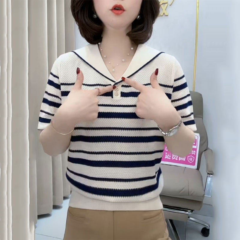 Short-Sleeved T-Shirt for Women, Navy Collar Striped Knitwear, Thin Casual Stylish Top, Solid Color Ice Silk Knitwear for Women