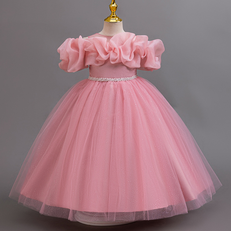 New off-the-shoulder evening gown, sequined wedding dress, princess dress, piano performance dress, girls' kids dress