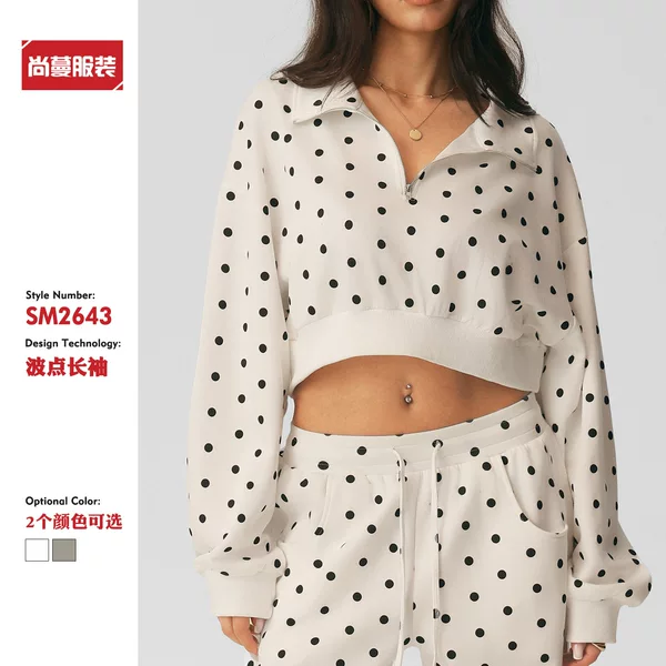 2026 autumn and winter casual sports half-zip jacket, loose and comfortable polka dot print sweatshirt, long-sleeved pullover top