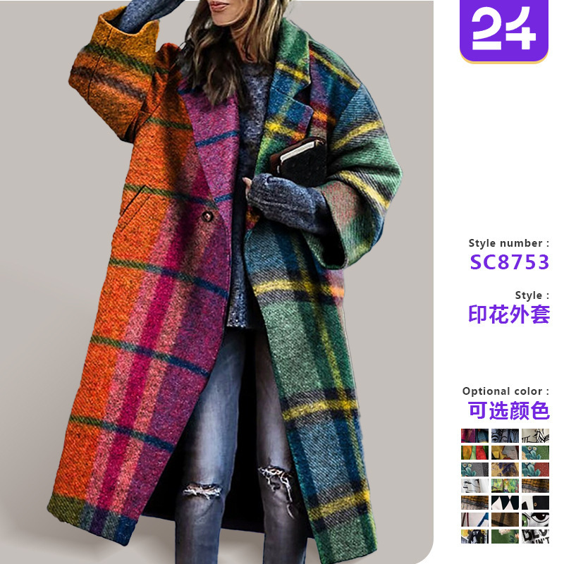 2026 New Cross-Border European and American Autumn Foreign Trade Women's Clothing Amazon Long-Sleeve Lapel Coat Printed Woolen Long Coat