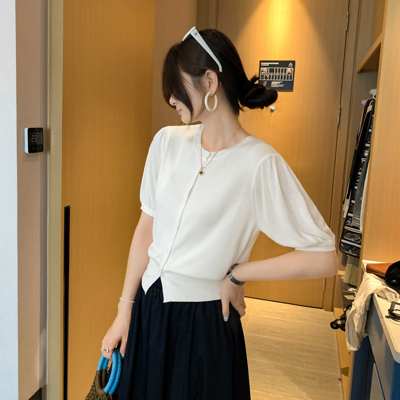 European Lyocell Tencel French Gentle Style Puff Sleeve Knitted Cardigan Women's Summer 2025 New Single Top