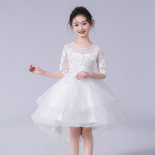 Child's Spring and Autumn Mesh Tulle Train Dress Puff Dress Evening Gown Sleeveless Host Dress Piano Performance Costume