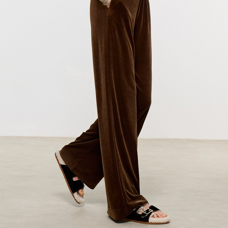 ROW style gold velvet elastic waist wide-leg pants for women, 2026 autumn/winter, drapey, slimming, high-waisted, casual straight-leg long pants