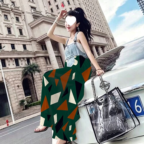 Spot summer new style loose four-sided elastic splicing print washed water old strap to show slimming and large size temperament dress