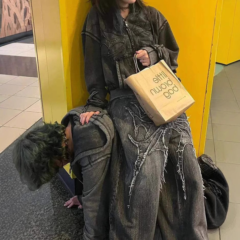 Gótico europeo y americano transfronterizo TK estilo caliente y2k diseño oscuro pantalones anchos pantalones sueltos de la calle jeans hombres