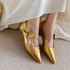 羊皮金屬花朵瑪麗珍鞋女尖頭單鞋春新品金色一字帶平跟淺口單鞋女
