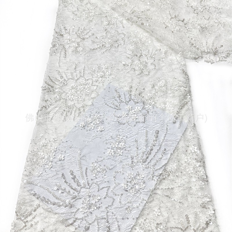 Fuegos artificiales blancos pesados clavos de cuentas sequin tejido de encaje bordado vestido de boda turbanos damas de honor tela de vestido