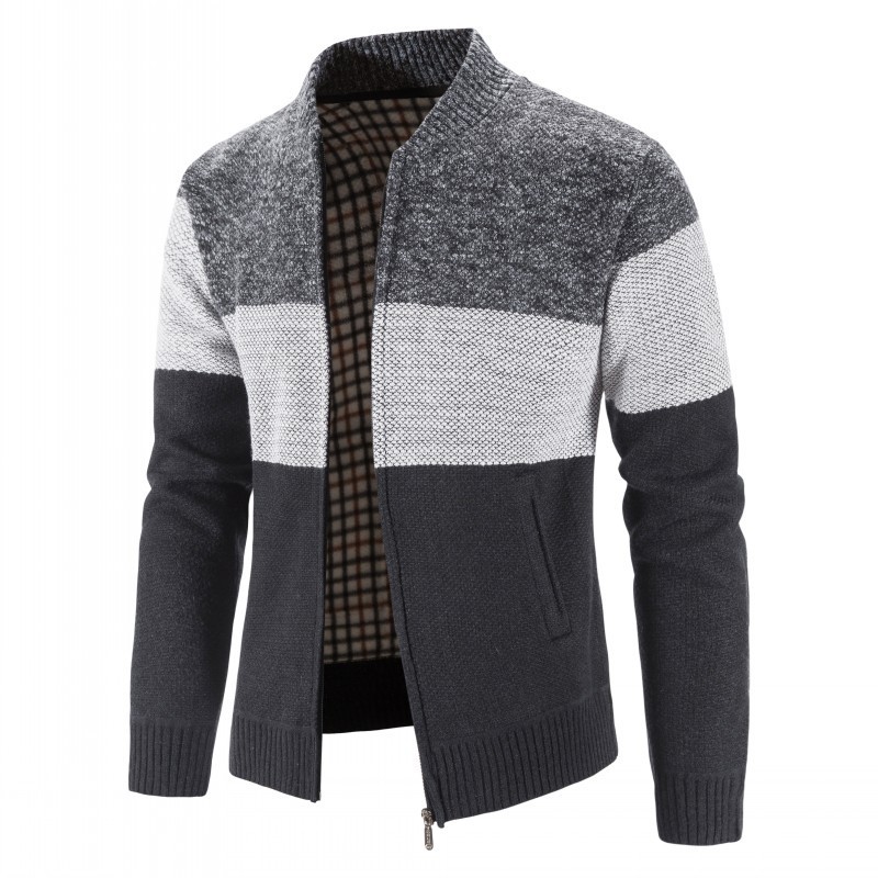 Suéter de hombre nuevo de otoño e invierno con forro polar, talla grande, suéter tipo chaqueta para hombre de Amazon, cárdigan con cuello alto y bloques de color