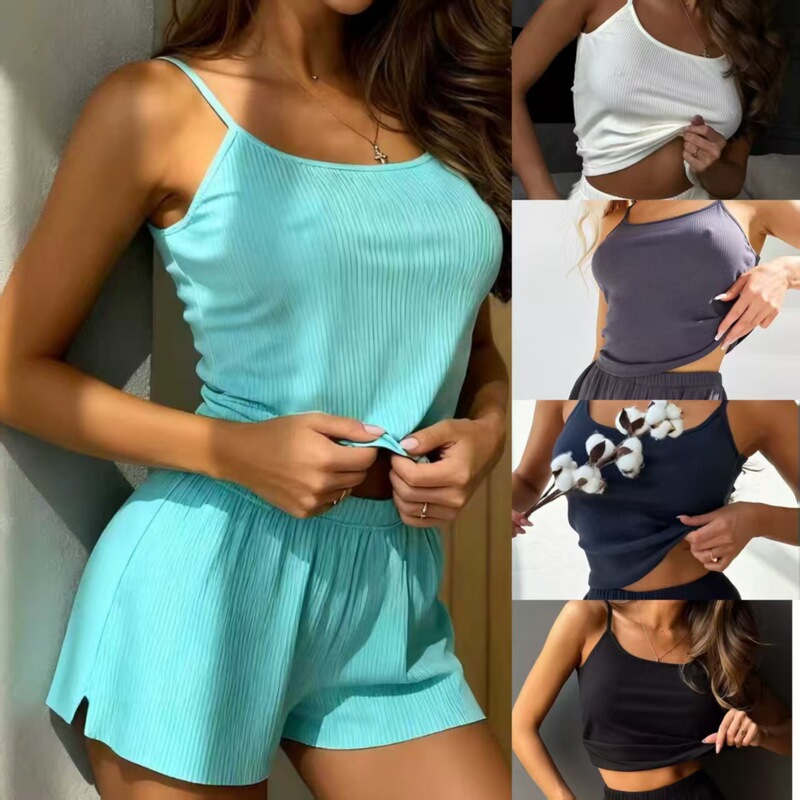 Cross-Border Hot-Selling European and American Pajamas for Women, Suspenders and Shorts, Casual Ribbed Pit Strips, Home Clothes for Women, Two-Piece Set