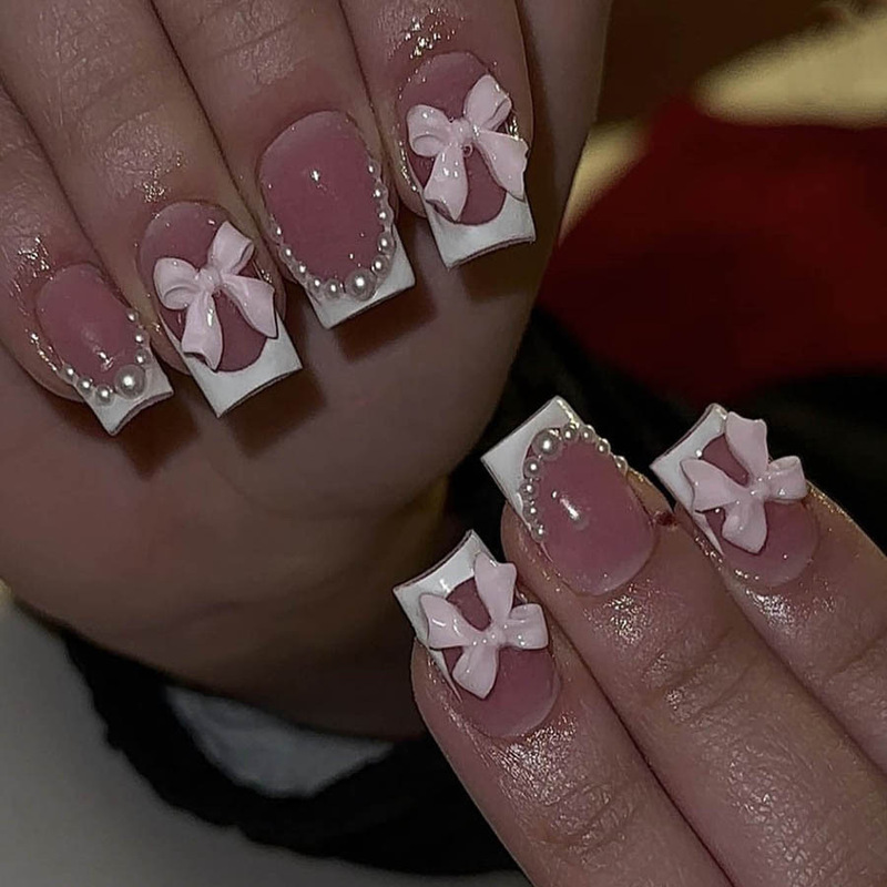 Fashion Short White French Cute Pink Bow Nail Art Removable Wear New European and American Fake Nail