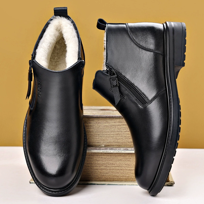 Листья из коровьей кожи зимняя мужская хлопчатобумажная обувь из натуральной шерсти повседневная кожаная обувь плюс бархат теплые деловые кожаные ботинки для мужчин