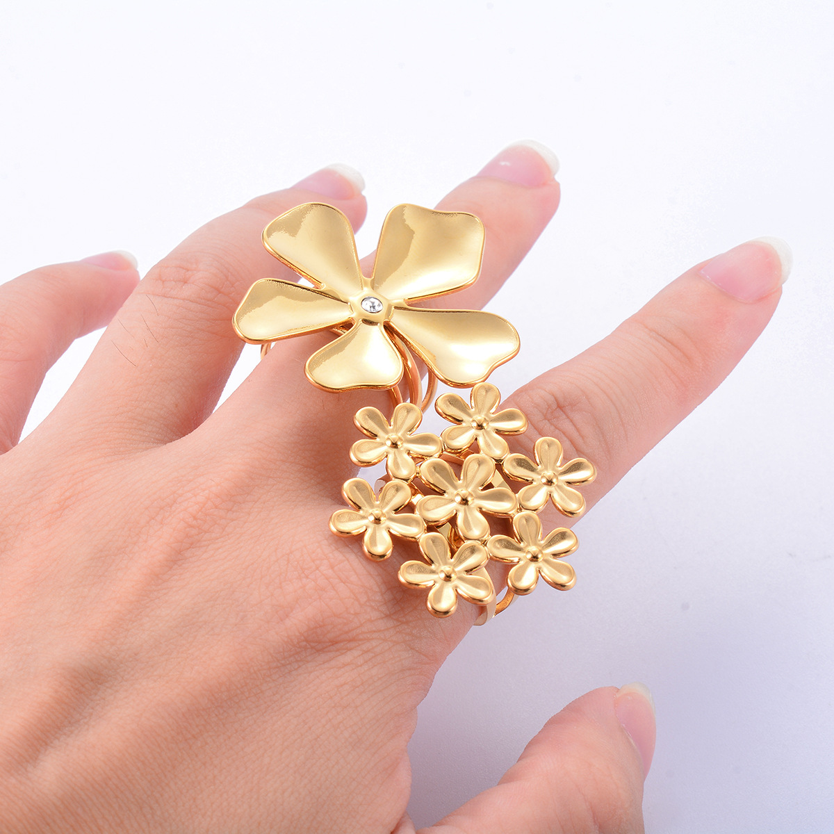 Flower Pattern Exaggerated Flower Stainless Steel Plating Open Rings