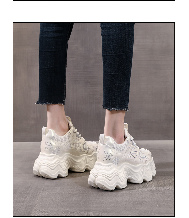 Giày thể thao nữ đế dày tăng chiều cao lưới thoáng khí phong cách dad sneaker — Màu be chi tiết 16
