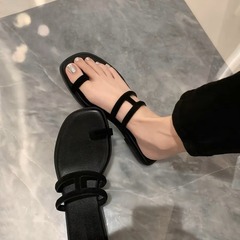 牛皮版~2024新款夏季極簡套趾一字拖鞋女平底外穿氣質真皮涼拖鞋