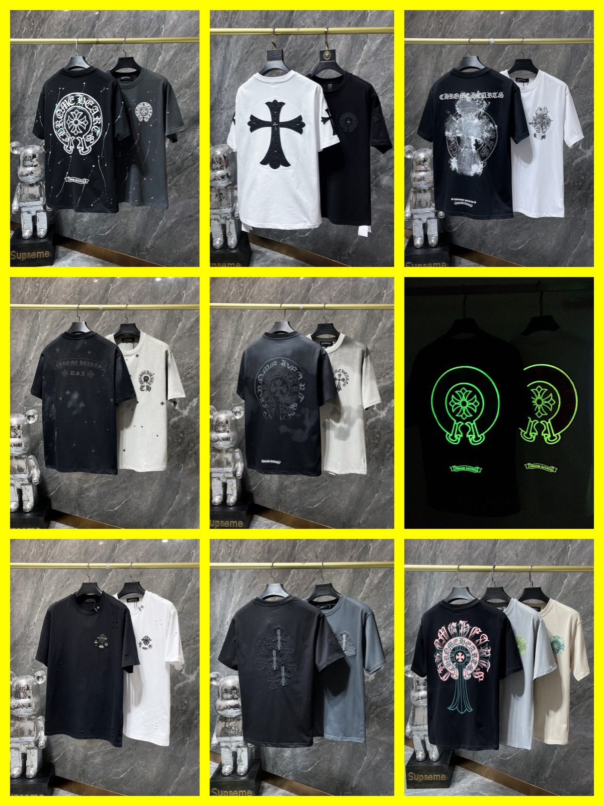 New 25ss Crowe trendy high street cross Sanskrit metal patchwork leather luminous men's and women's T-shirt collection