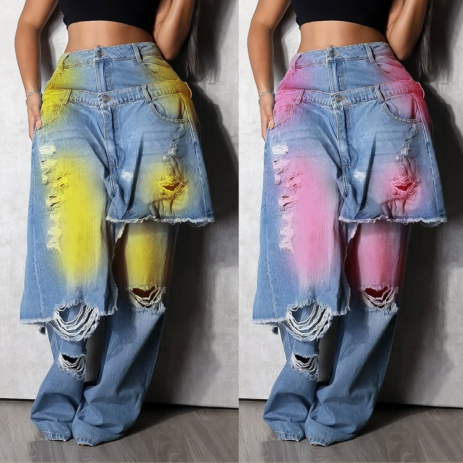 YL2568 Autumn/Winter European And American Women's Fashion Washed Ripped Spray-Dyed Loose Stretch Denim Patchwork_ecoleips.com