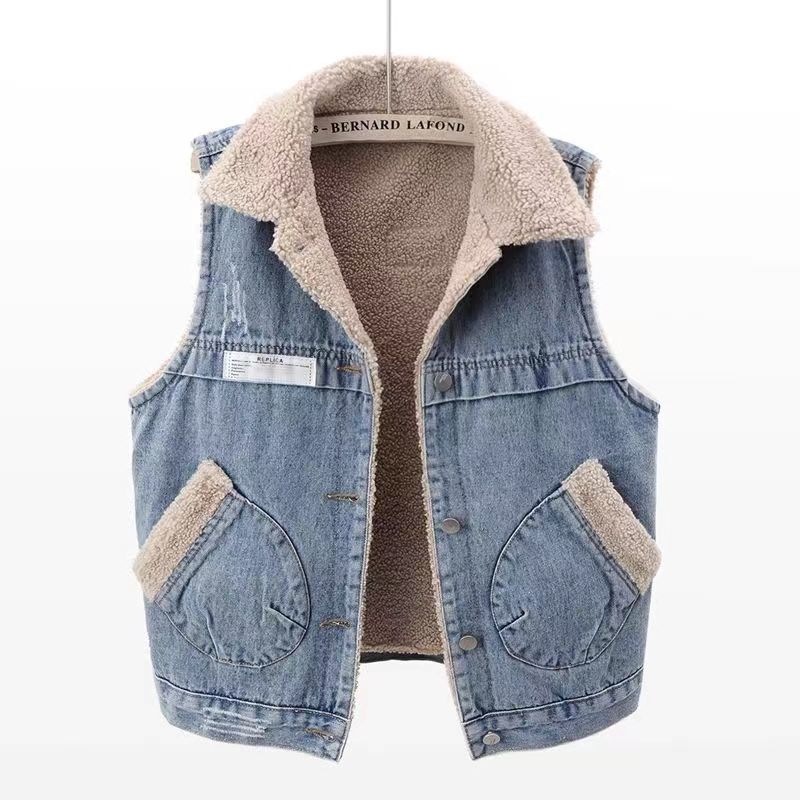 Autumn and Winter Lamb Wool Fleece-Lined Thickeneded Denim Vest for Women Loose Korean Style Cotton Vest Vest Jacket