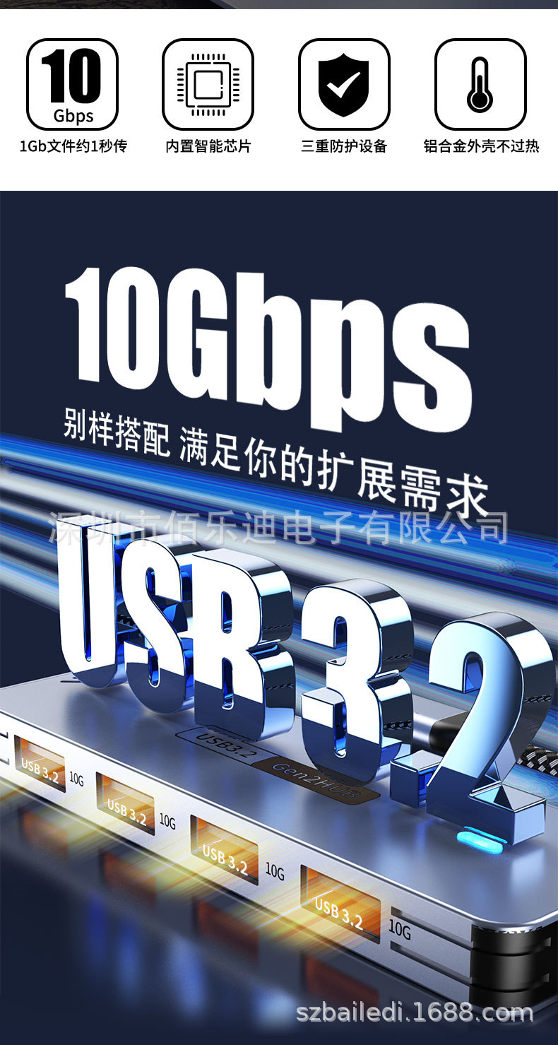 Type-C Docking Station USB 3.2 Gen2 Splitter 10Gbps 1-to-4 HUB Concentrator Stock