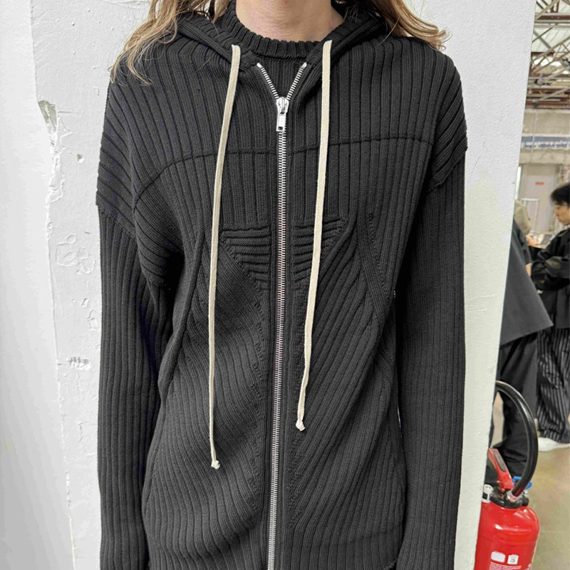 Ro Acbt Niche Pure Color Spiral Cotton Zipper Knitted Drawstring Sweater Cardigan Jacket Dark Style