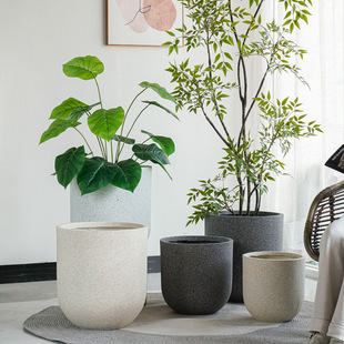 Retro Creative Magnesium Mud Flower Pot Living Room Indoor Round Extra Large Pot Green Plant Monstera Philodendron Potted Floor-Standing
