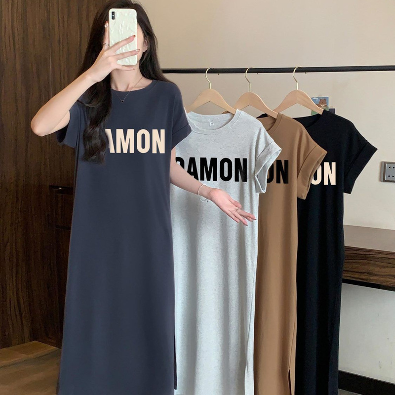 F Feifei Sleeve Double Pocket T-shirt Long Dress Korean Style dress Women's Lazy Loose Long Knee Split Lazy Nightdress F Feifei Sleeve Double Pocket T-shirt Long Dress Korean Style dress Women's Lazy Loose Long Knee Split Lazy Nightdress