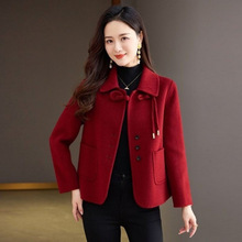 中老年女装短款小个子双面绒大衣女翻领时尚修身红色羊绒呢子外套