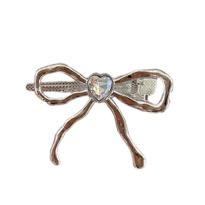 Arco de diamante de alta sensación de amor clips para el cabello dulce cool girl plateado clip de boca de pato lateral clip de cabello frisa clips adornamiento para el cabello