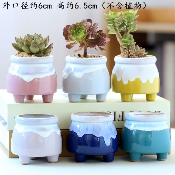 6 colorful three-legged flow-glazed flower pots