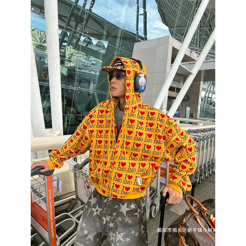 Heavyweight American Retro Letter Heart Long-Sleeve Sweatshirt Cardigan for Men and Women, Spring and Autumn Loose Casual Versatile Trendy Jacket