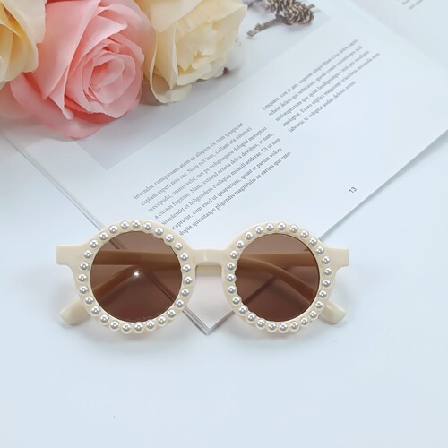 New Pearl-Studded Children's Sunglasses for Girls, Cute Baby Handmade Round Aviator Sunglasses for Boys, UV Protection
