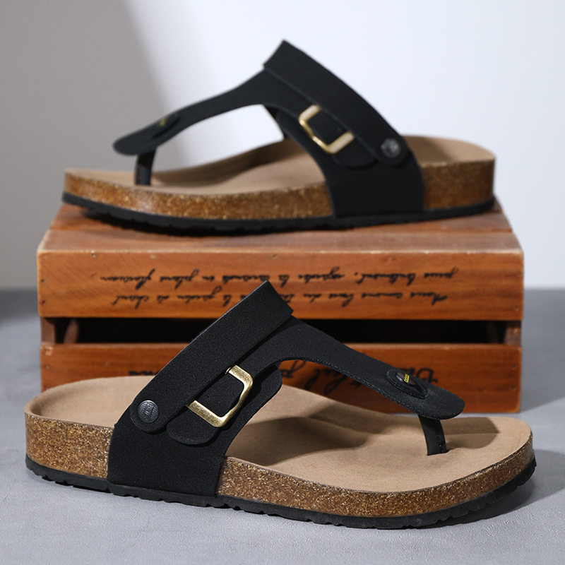 Dép sandal nam quai ngang kẹp chân đế gỗ phong cách Birken, thoáng khí đi biển — Màu đen, Nâu vàng, Trắng be