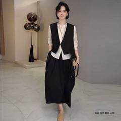 欧货时尚三件套女2025秋装西装马甲+国风立领长袖衬衣+半身裙套装