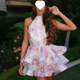 欧美跨境2025春夏女装连衣裙甜美清新3D装饰性感露背修身印花裙