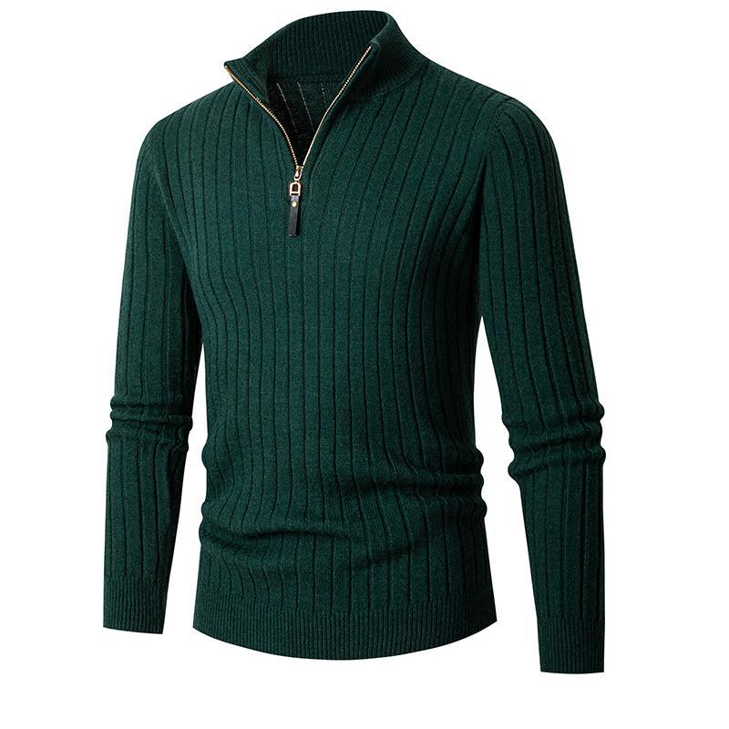 Maglione maglione lavorato a maglia da uomo di mezza età e giovane con mezza cerniera Maglione con fondo a righe verticali di tendenza europea_voghion.com