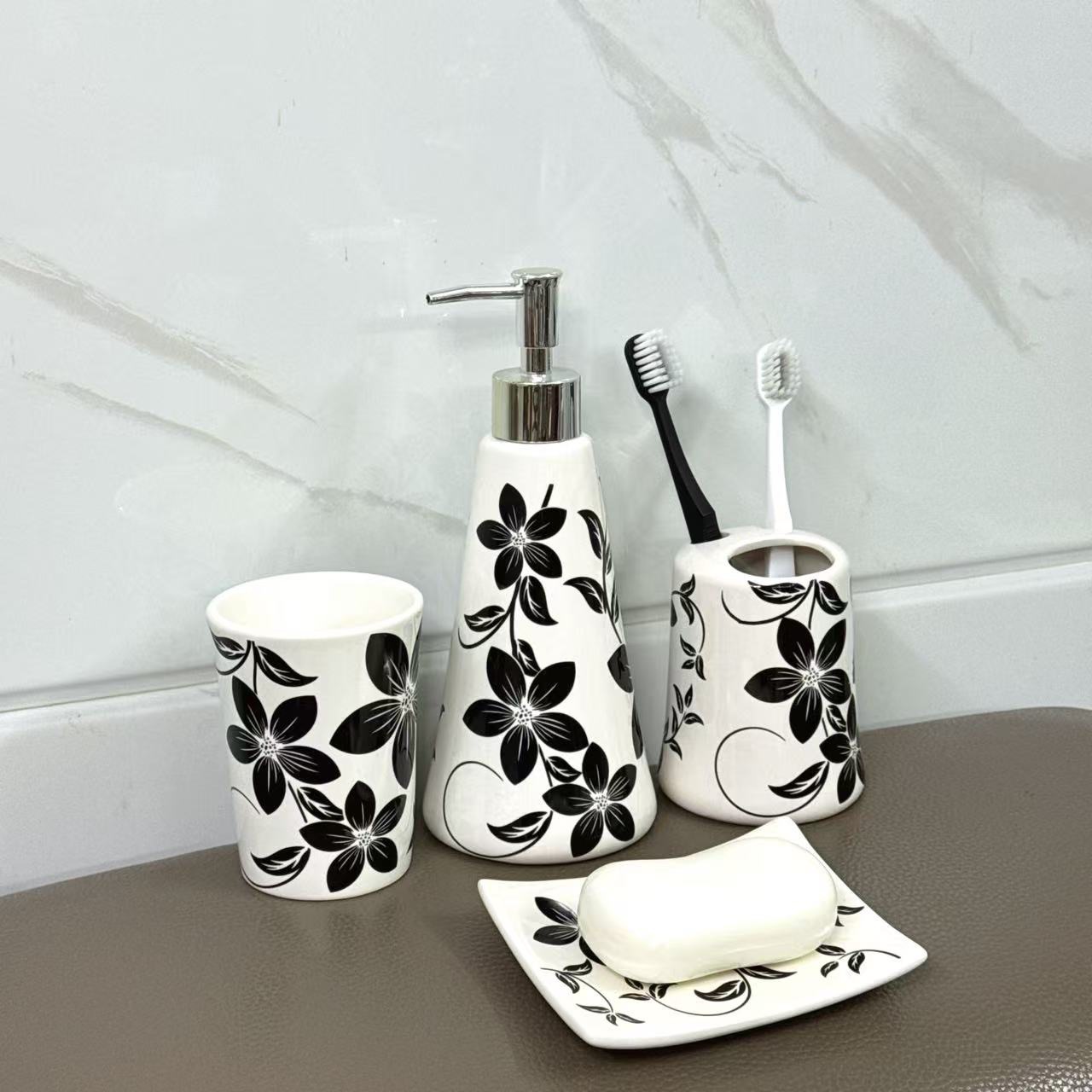 现代陶瓷卫浴组四件套浴室乳液瓶按压洗手液瓶漱口杯牙刷架肥皂碟
