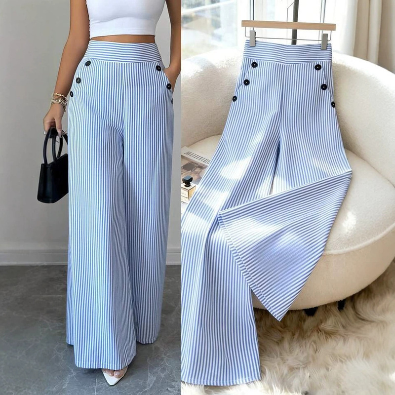 Elenzga New Korean-Style Spring and Summer Fashion Simple and Elegant High-Waisted Striped Slim Straight-Leg Loose Casual Pants Elenzga New Korean-Style Spring and Summer Fashion Simple and Elegant High-Waisted Striped Slim Straight-Leg Loose Casual Pants