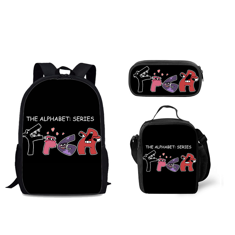 Venta al por mayor Alphabet Lore mochila escolar bolsa de hielo letra leyenda estudiante mochila bolsa de comida bolsa de tres piezas