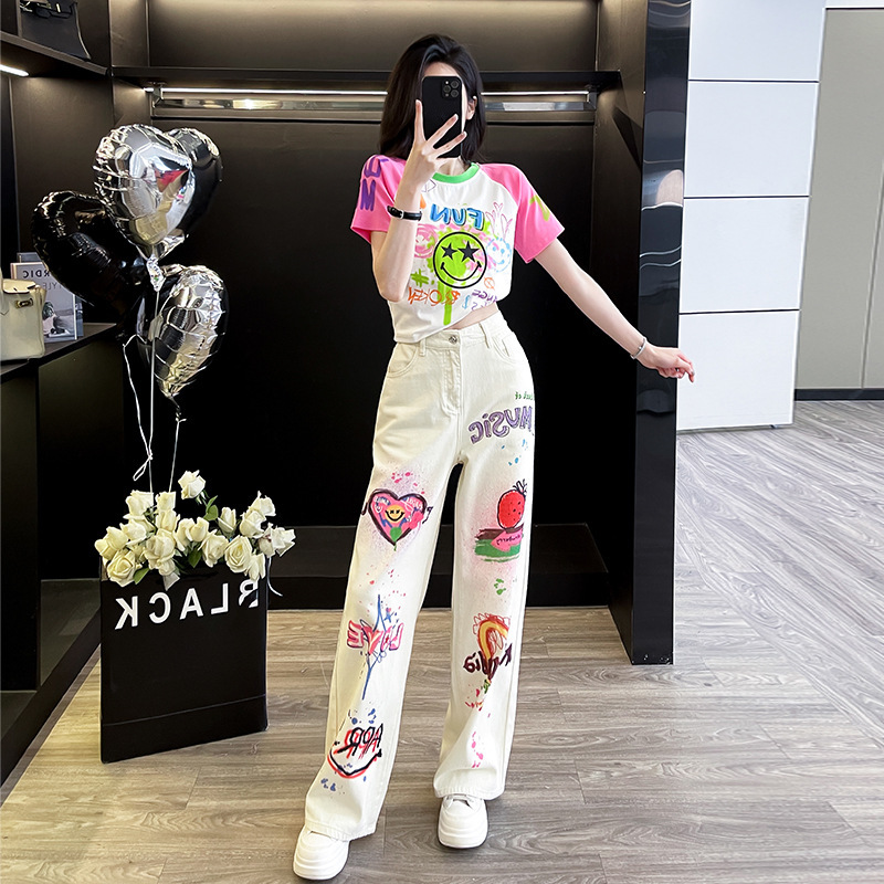 Graffiti Print Short Sweet and Hot Short-sleeved T-shirt Summer New Fashion Trend Personalized Graffiti Wide Leg Jeans