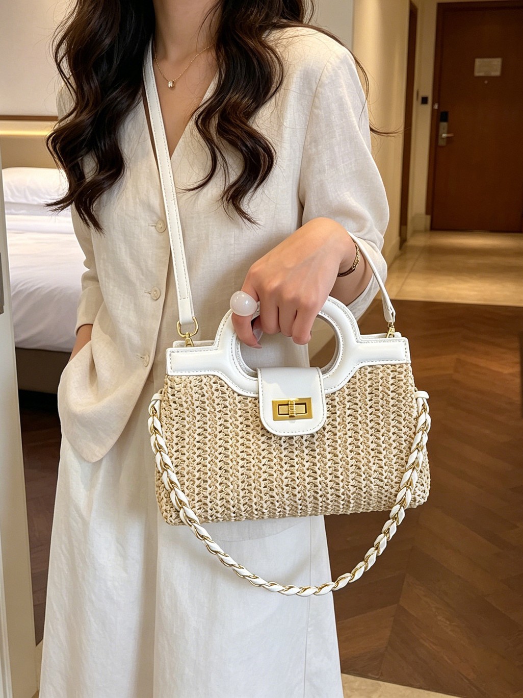 Este verano popular bolso de mano de tejido 2026 nueva moda coreana cadena brazo mochila de hombro