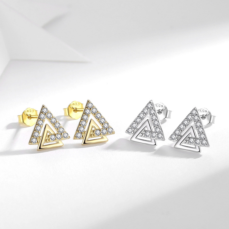 S925 triángulo de plata ZIRCON pendientes geométricos aretes aguja de plata con incrustaciones de las mujeres diseño simple sentido estilo japonés y coreano