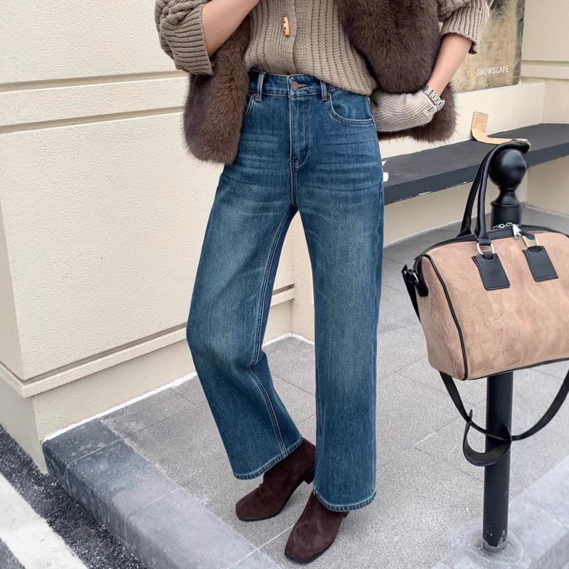 Straight Legs! Fleece-Lined Jeans, Thickened, Petite, Warm, Casual, Slim-Fit, Versatile, High-Waisted Straight Pants, New Style