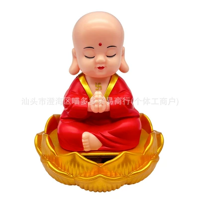 Solar-Powered Swinging Nodding Buddha Car Decoration Ornament Robe Miro Buddha Car Accessory Zen (Car ornaments) - small-little-red-lotus-monk