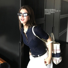香港ミー服飾/2026春夏 ラペル付き透かし彫りシルクポロシャツ スリムフィットニットトップス レディース 秋新作