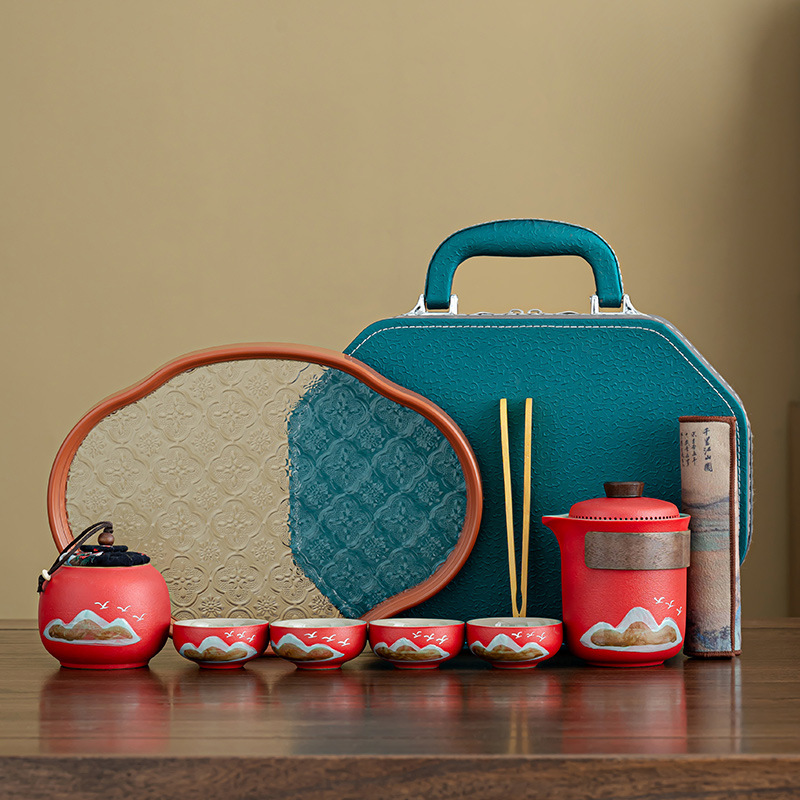 Guochao Qingshan Rustic Pottery Outdoor Camping Tea Set for Living Room, Office, and Reception, Tea Brewing Set with Company Opening Custom Logo Guochao Qingshan Rustic Pottery Outdoor Camping Tea Set for Living Room, Office, and Reception, Tea Brewing Set with Company Opening Custom Logo